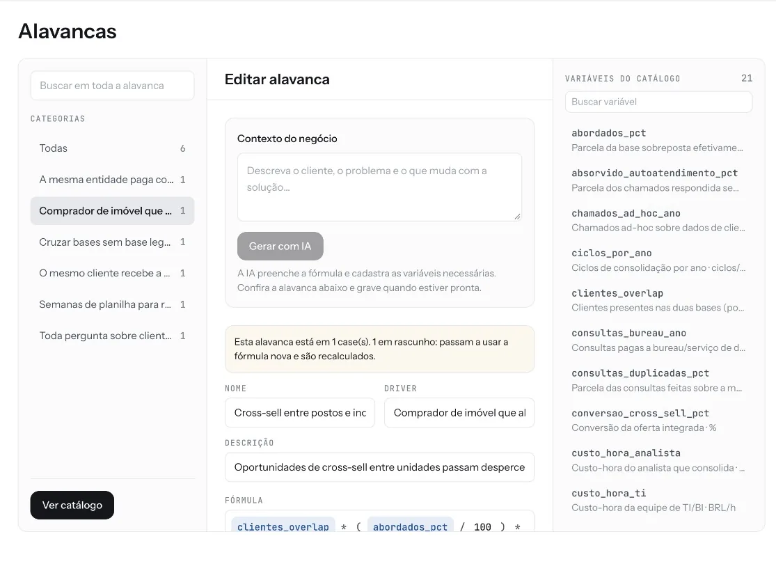 Catálogo e edição de uma alavanca na interface do Reveals.